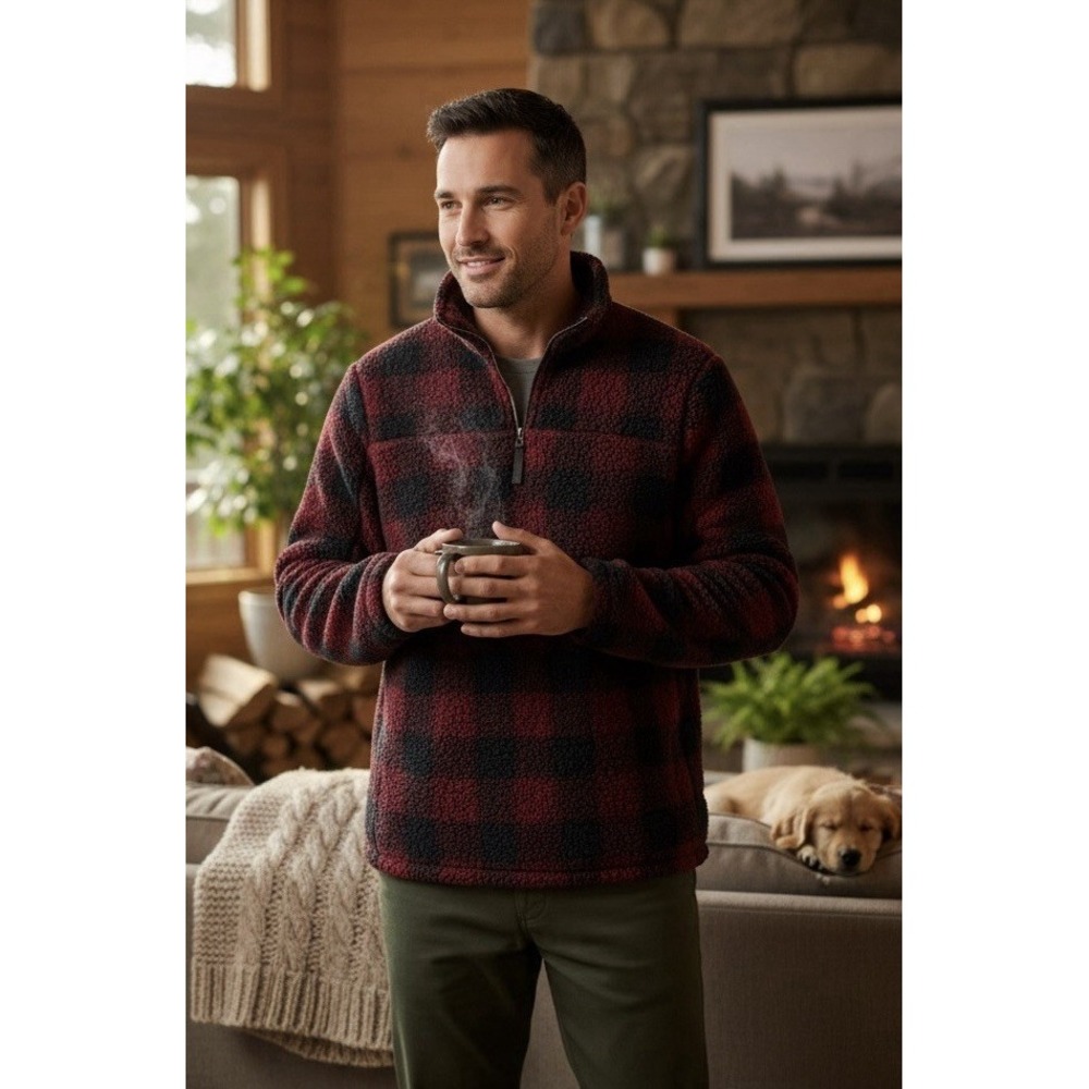 Alpine Sherpa Mens Buffalo Plaid Quarter Zip Fleece Pullover Red Black Medium M